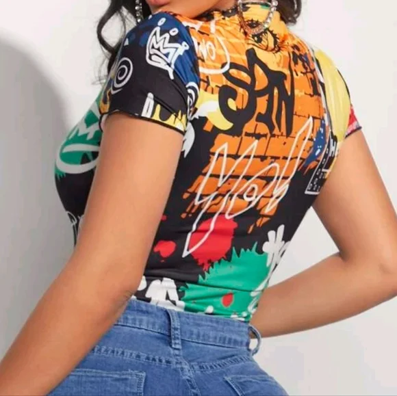 Multi-Color Graphic Mock Neck Bodysuit - Picture 2 of 7